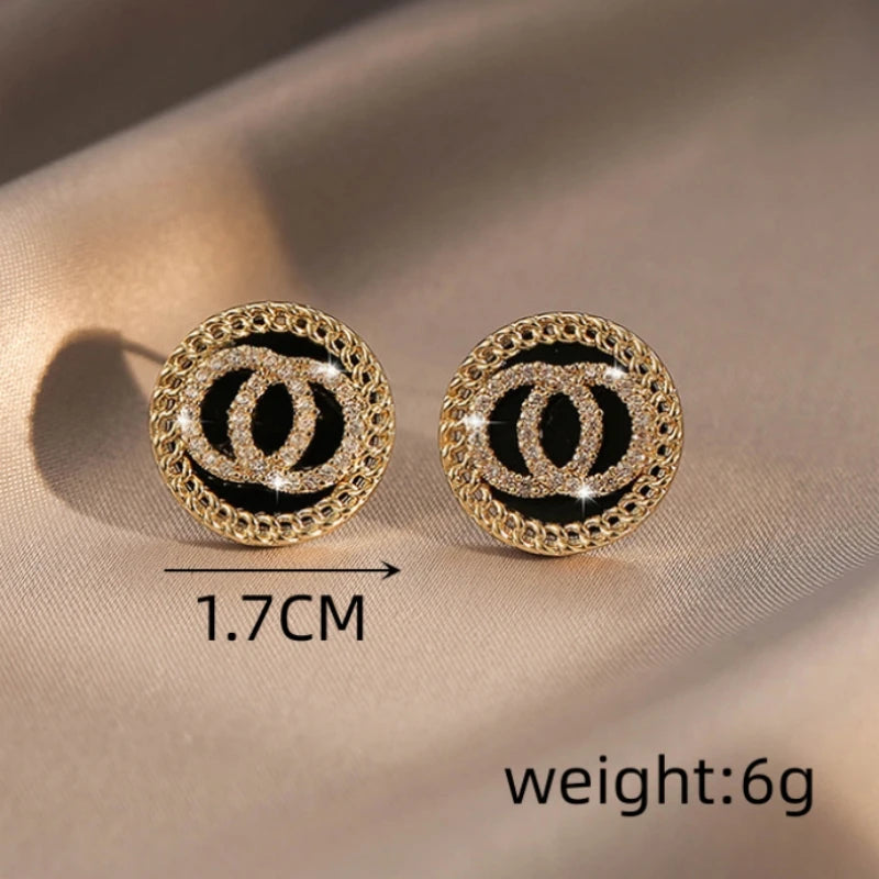 Enamel Black Crystal Double Round Circles Stud Earring for Women Korean Style Sweet Simple Jewelry Brincos Wholesale Girl Gift
