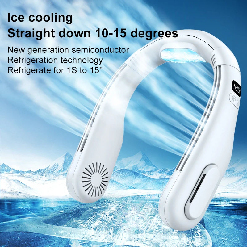 2024 Digital Display Refrigeration Neck Hanging Fan Portable Lazy Summer Silent less Leaf Neck Hanging Fan Air Conditioning