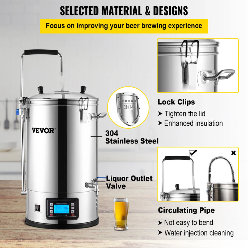 VEVOR 35L 110/220V 304 Stainless Steel All-in-One Home Beer Brewer Electric Brewing System with Pump Brewing Beer Equipment Kit