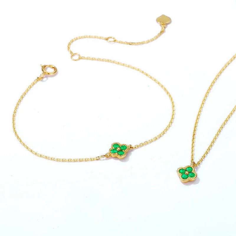 Metiseko S925 Sterling Silver Plated 14K Gold Emerald Colour 4-leaf Clover Bracelet Women's Simple Geometric Bracelet for Party