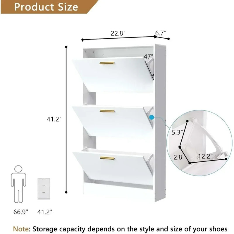 Narrow shoe cabinet, entrance shoe cabinet with 3 flip-out drawers, wooden hidden shoe cabinet, organizer