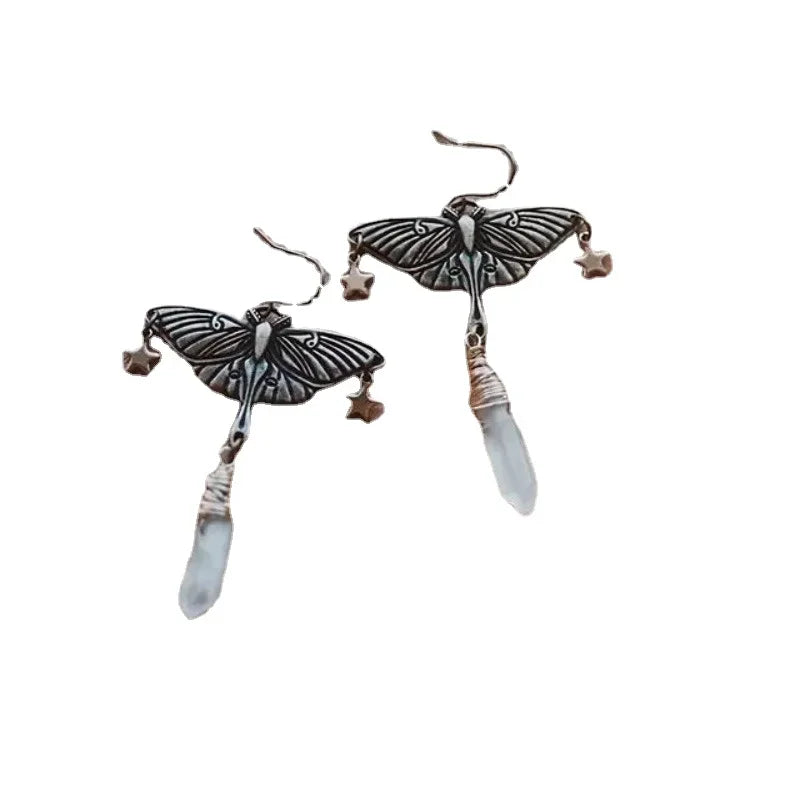 Luna Moth Quartz Earrings, Insect Earrings, Bohemian, Dangle Earrings