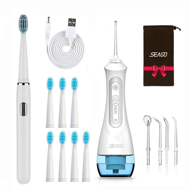 Seago Rechargeable Electric Toothbrush with Water Flosser Adults Sonic Tooth Brush Oral Dental Irrigator White Black Home Gift