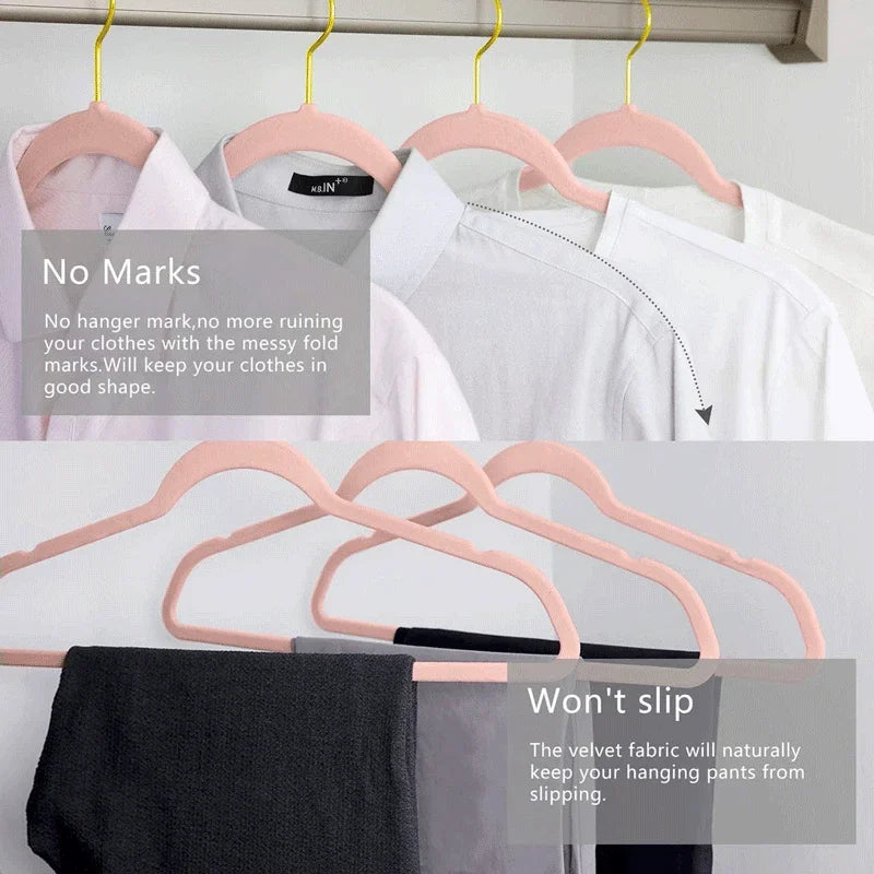 Gold Hook Anti-slip Flocking Hanger, Velvet Adult Clothes Rack Non-marking Plastic Magic Hanger, Wardrobe Clothing Store Storage
