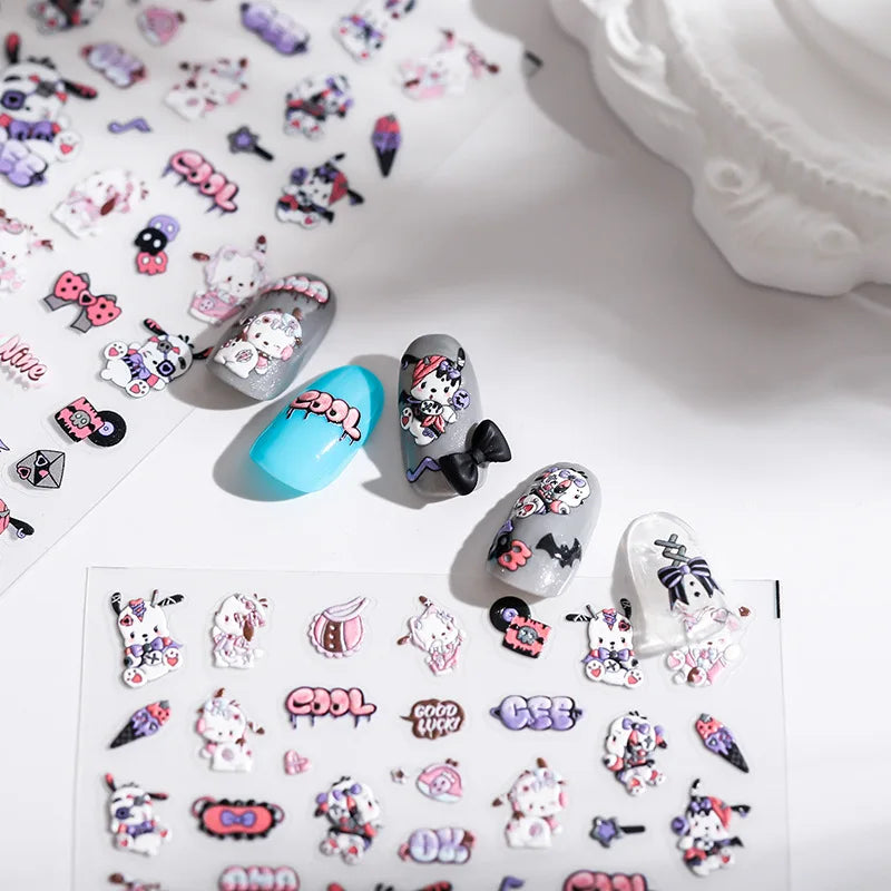 1PCS 5D Cartoon Kuromi Hello Kitty Nail Stickers Sanrio Animation Nail Art Decoration Sanrio Cute Melody Embossed Stickers