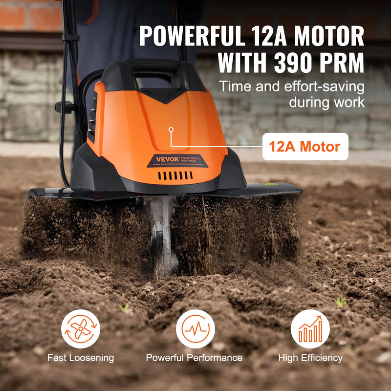 VEVOR 12 Amp Electric Tiller, 18" Tilling Width 3.94" Tilling Depth Corded Electric Tiller/Cultivator, Steel Mn Tines, Rototille