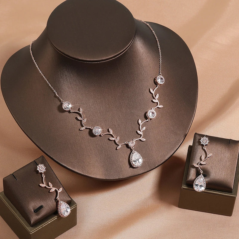 Uilz Exquisite Leaf Dangle Earring Jewelry Set for Women Wedding Accessories Zircon Drop Earrings Necklace Sets Bride Gift