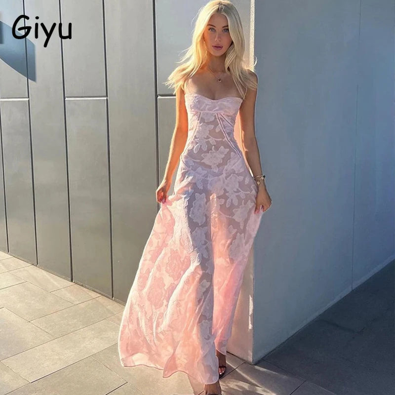 Giyu Sexy Evening Party Dress Women 2024 Summer Beach Maxi Long Dresses Lace Hollow Out Big Swing Backless Pink Holiday Vestidos