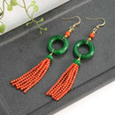 Natural Green jade Red coral beads Circle fringe Earrings FOOL'S DAY Lucky Ear stud Diy New Year Halloween Hook VALENTINE'S DAY