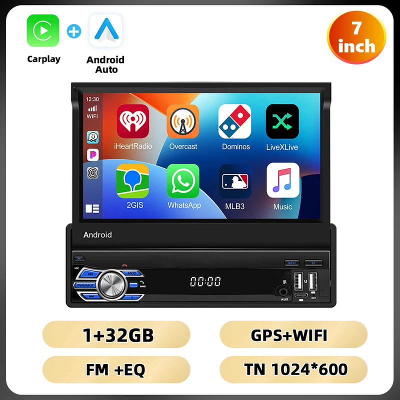 Podofo 4Core 1Din Android Car Stereo 7 ''Retractable Screen Car Radio Carplay Android 2 + 64G Mirror Link GPS WIFI Car Audio