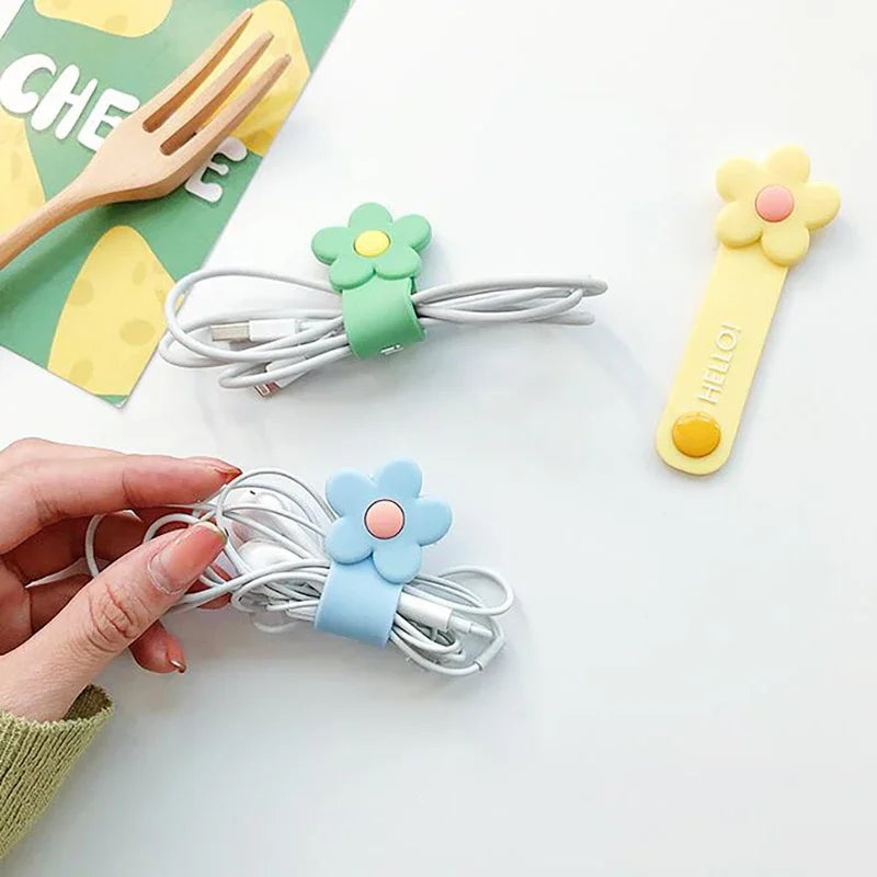 Cute Flowers Shape Cable Organizer Kawaii Buckle Earphone Clips USB Charging Data Line Cable Winder Desk Organizer Home Office