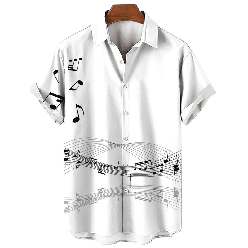 New Men's Shirt 2023 Summer Fashion Hawaiian Shirt Short Sleeve Lapel Top Music Symbol Pattern Print Shirt Oversized Man Clothes