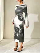 Spring New Women's Maxi Dresses Clubwear Fashion Long Sleeves Tie-Dye O-Neck Slim Dress Black Sexy Lady Elegant Dresses Clothing