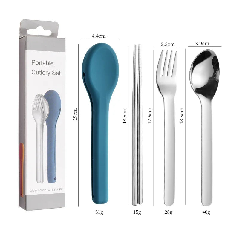 Portable Stainless Steel Cutlery Set, Suitable for Work, School, Picnic, Camping, Travel, Reusable Silicone Portable Cutlery Set