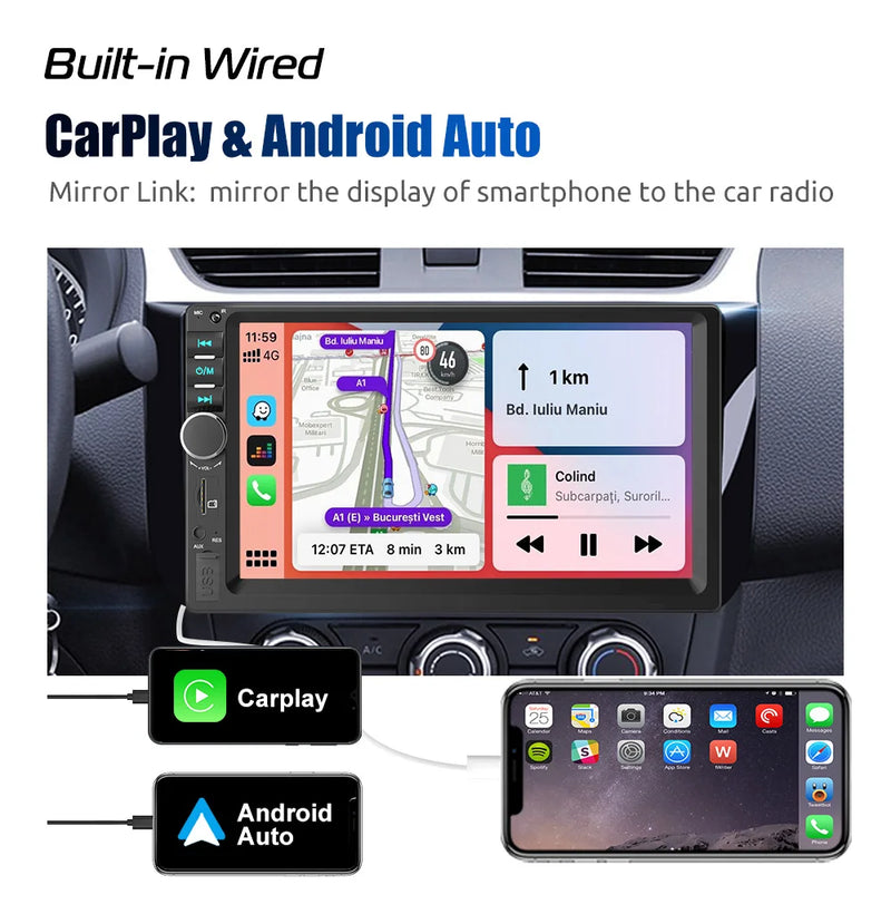 ESSGOO 7 Inch Carplay/Android Auto Double 2 DIN Car Stereo Stereo Head Unit Radio AUX FM USB Multimedia MP5 Player