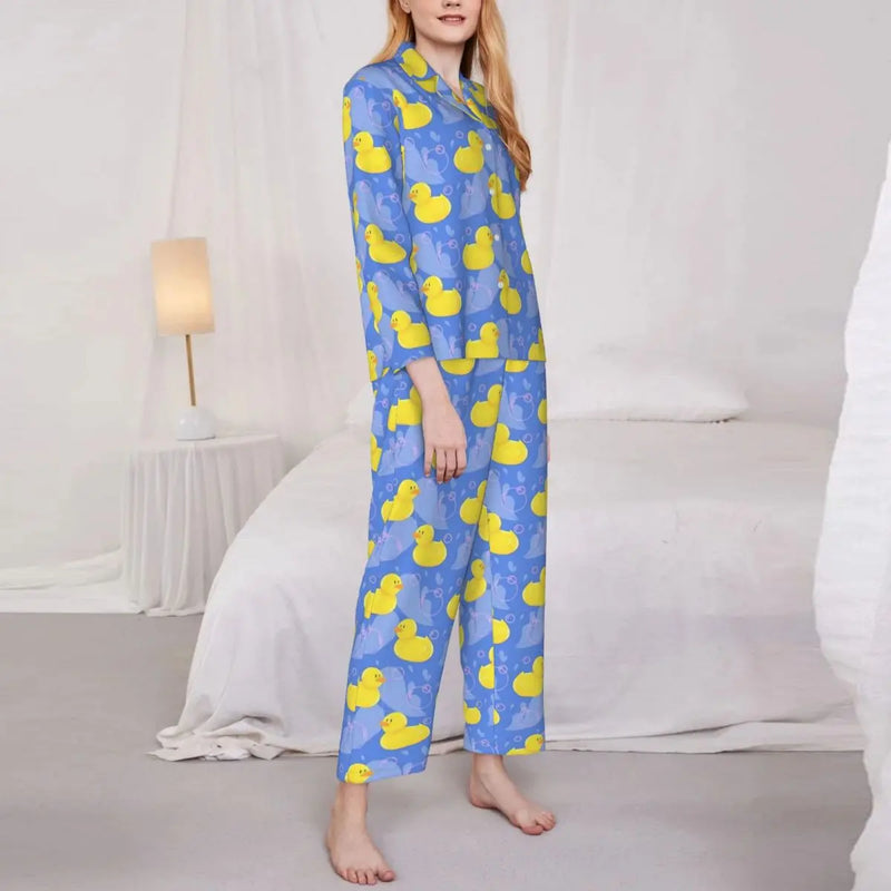 Pajamas Female Yellow Classic Ducks Daily Sleepwear Animal Two Piece Retro Pajama Sets Long Sleeve Elegant Oversize Home Suit