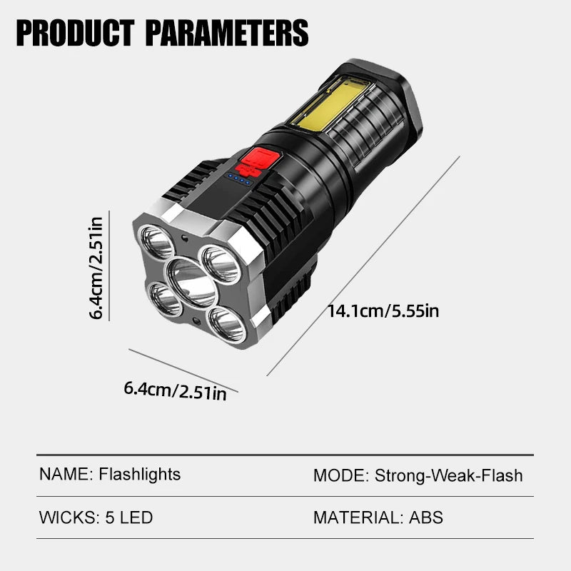 5LED High Power Led Flashlights Rechargeable Camping Spotlight with Side Light 3 Lighting Modes for Camping Adventure Outdoor