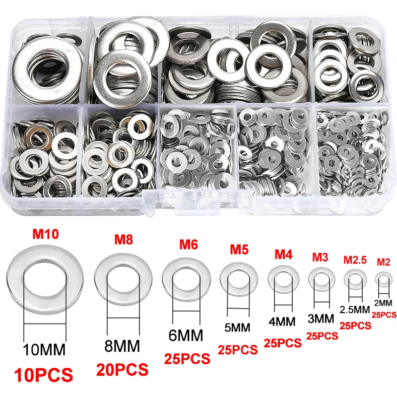 304 Stainless Steel Washers 180pcs/box Metal O Ring M2 M2.5 M3 M4 M5 M6 M8 M10 Gasket Set Assortment Kits Flat Washer Grommets