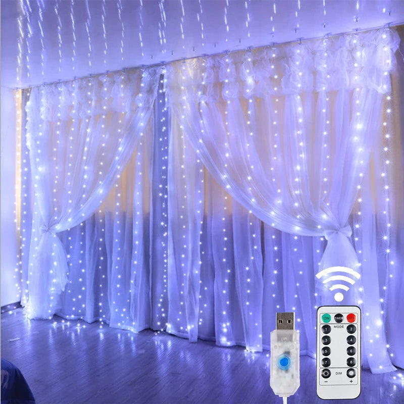 USB LED Curtain String Light Christmas Window Decor Wire Fairy Light 8 Modes Remote Control For Wedding Holiday Party Lighting