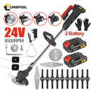 CONENTOOLMetal Blade Cordless Strimmer Set Electric Lawns Garden + Blades Detachable Grass Trimmers 21V Rechargeable 2 Batteries