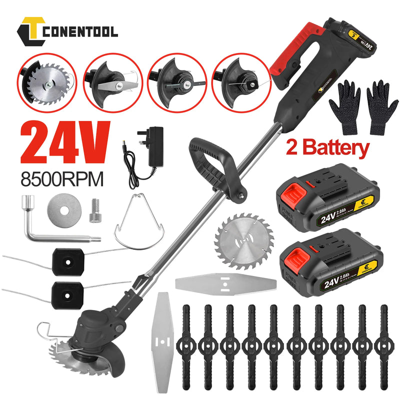 CONENTOOLMetal Blade Cordless Strimmer Set Electric Lawns Garden + Blades Detachable Grass Trimmers 21V Rechargeable 2 Batteries