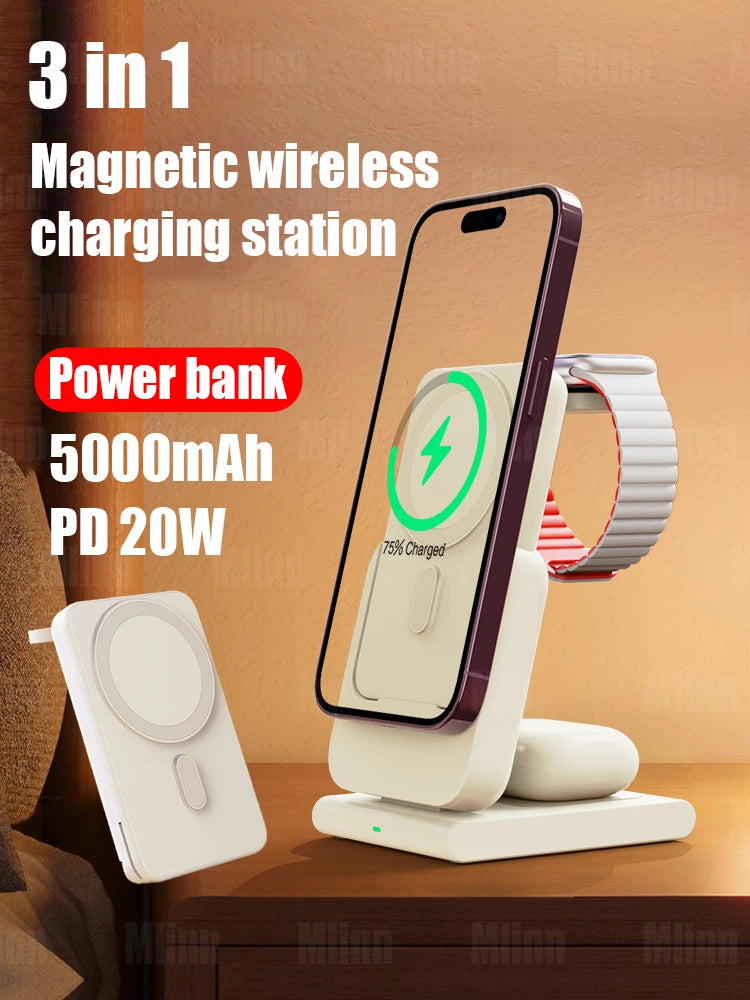 MagSafe 3 in 1 Magnetic Wireless Power Bank 15W Fast Charger Station External Auxiliary Battery For iPhone 14 13 12 Apple Watch
