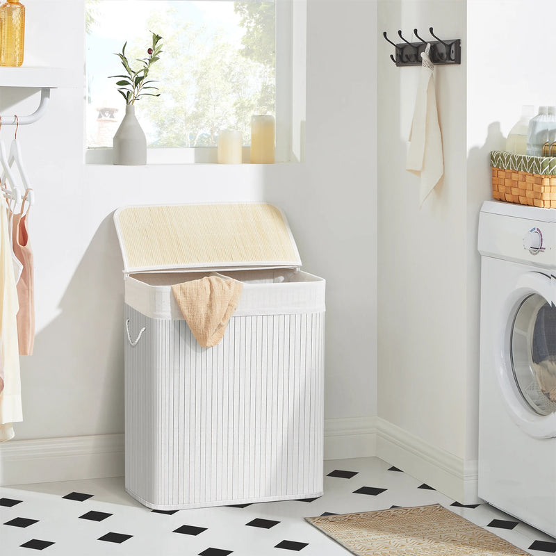 SONGMICS - Laundry Basket with Lid - Bamboo Laundry Basket with 2 Sorting Compartments, Removable Bag, Cotton Handles