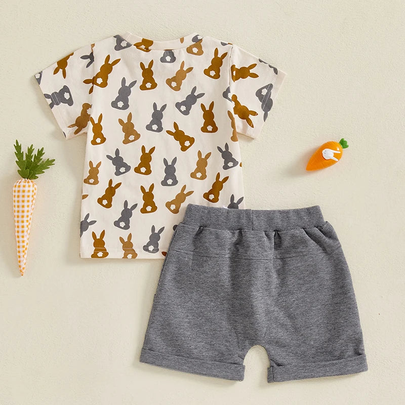 Toddler Boy Easter Outfit Bunny Print Short Sleeve T-shirt and Solid Shorts with Pockets 2 Piece Set for Baby Boys