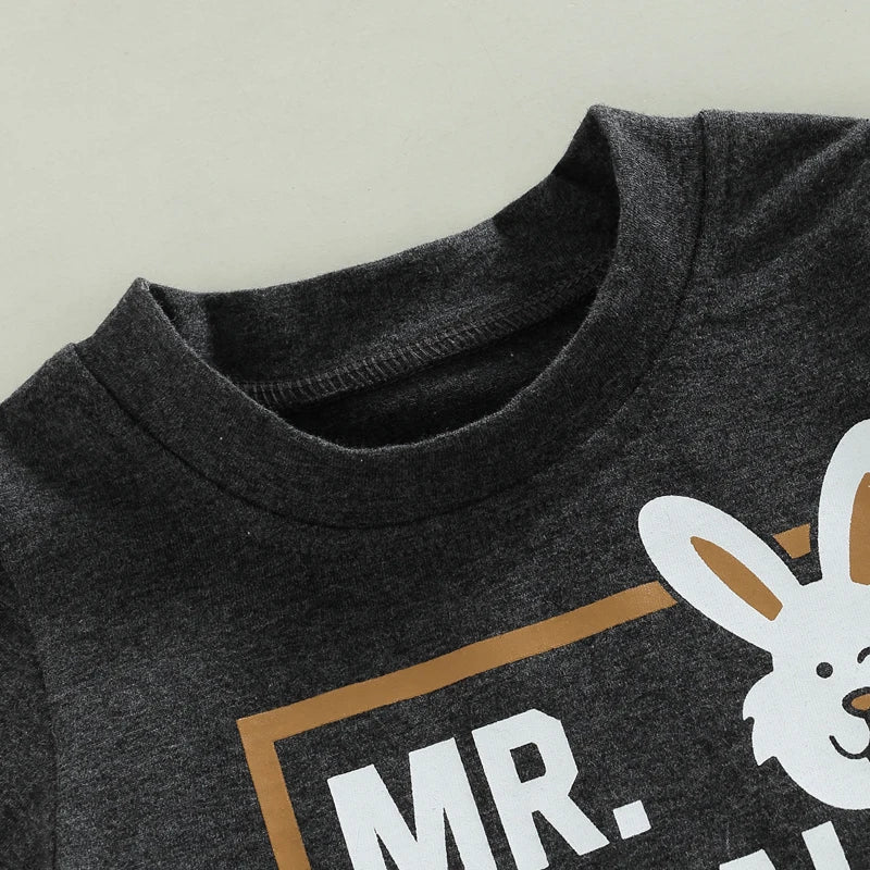 Cute Toddler Boys Outfit Long Sleeve Round Neck Bunny Print Top Cozy Elastic Waist Joggers for Easter Celebrations