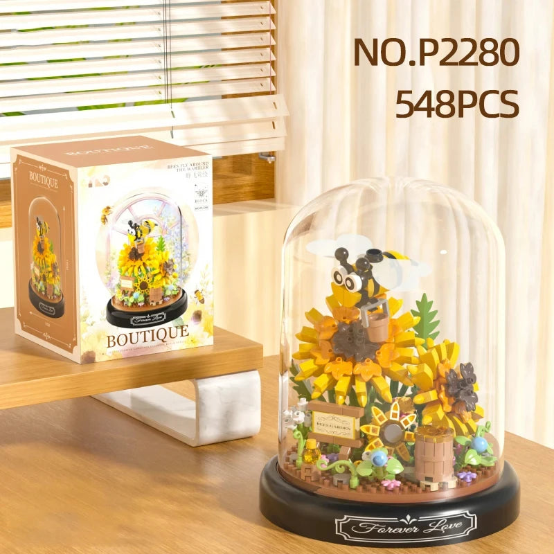 Insect Flower Building Blocks Set Bee Butterfly Plant Potted Model Bricks Set With Dust Cover Diy Toys For Kids Holiday Gifts