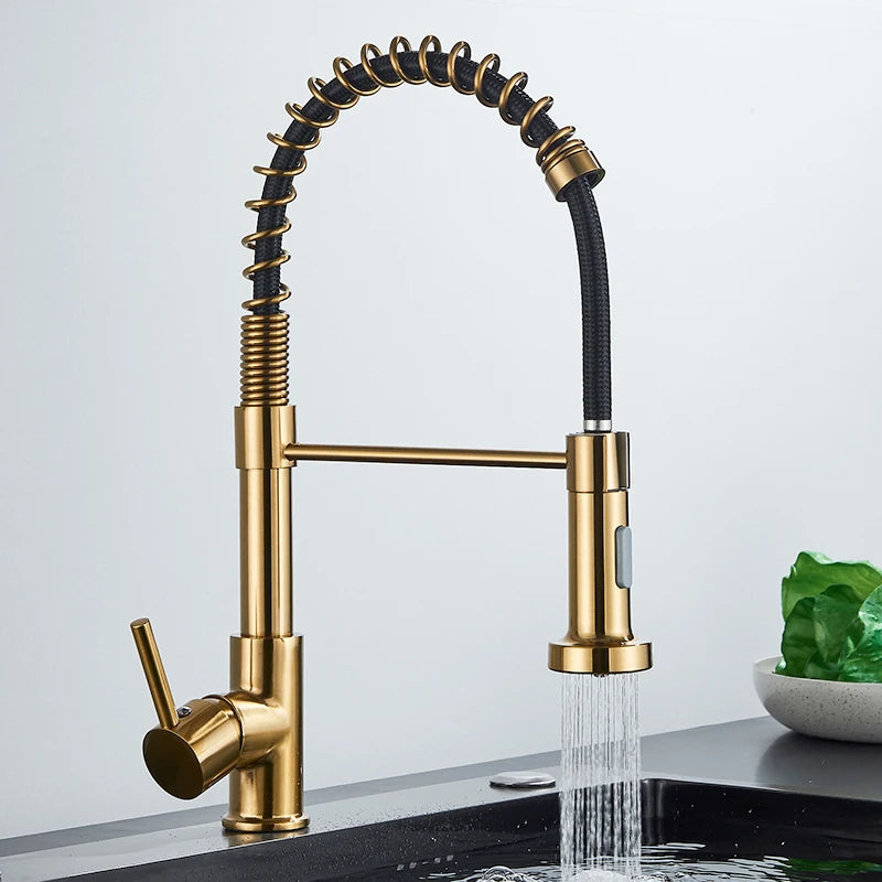 Quyanre Brushed Gold Kitchen Faucet Pull Down Kitchen Faucet Single Handle Mixer Tap 360 Rotation Torneira Cozinha Mixer Tap