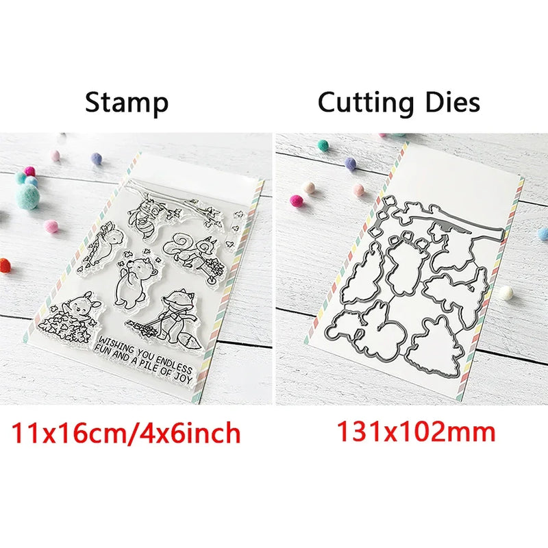 Birthday Cake Cute Frog Fox Animals Cutting Dies and Clear Stamps Bottle Thank You Words Dies For DIY Scrarpbooking Paper Craft