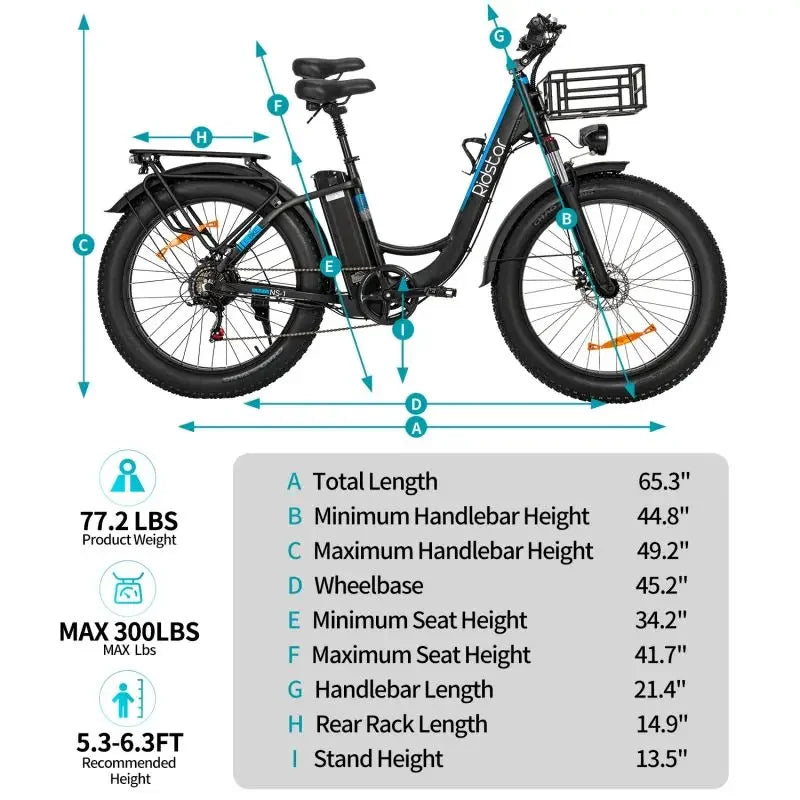 Ridstar MN-26 Electric Bicycle 26 Inch Fat Tire Off-Road Electric Bike 1500W 48V 20AH Removable Battery Adult All-Terrain E Bike