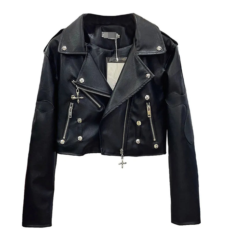 2024 New Spring Autumn Leather Jacket Women Short Fashion Motorcycle Small Coat Slim