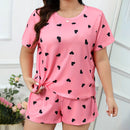 Plus Size XL-5XL Oversized Sleepwear Round Neck Women's Pajamas Sets Short Sleeve T-Shirt Shorts Pink Heart Print Loungwear 2PC