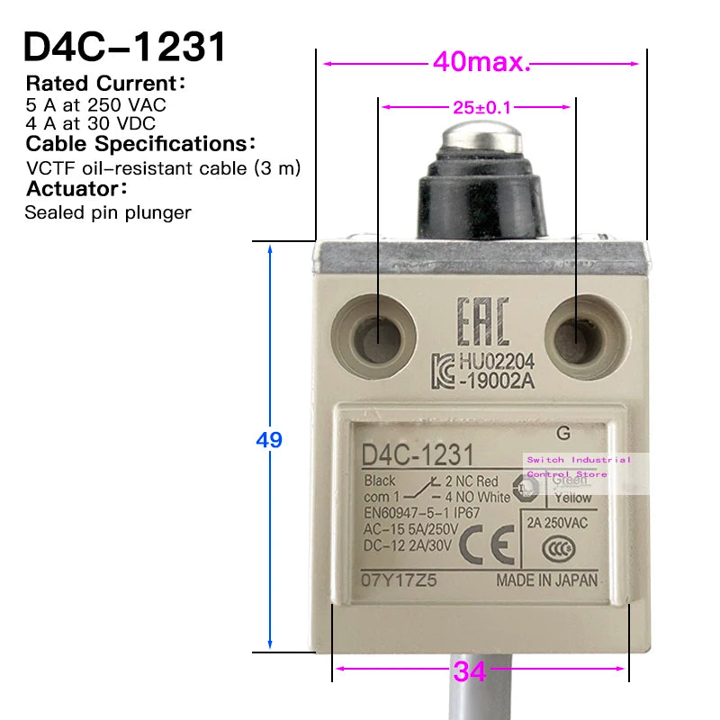 High strength waterproof travel limit switch D4C-1202 1201 1203 1220 1224 1231 1232 1233 1250 1260 1620 3324 Enclosed switch1227