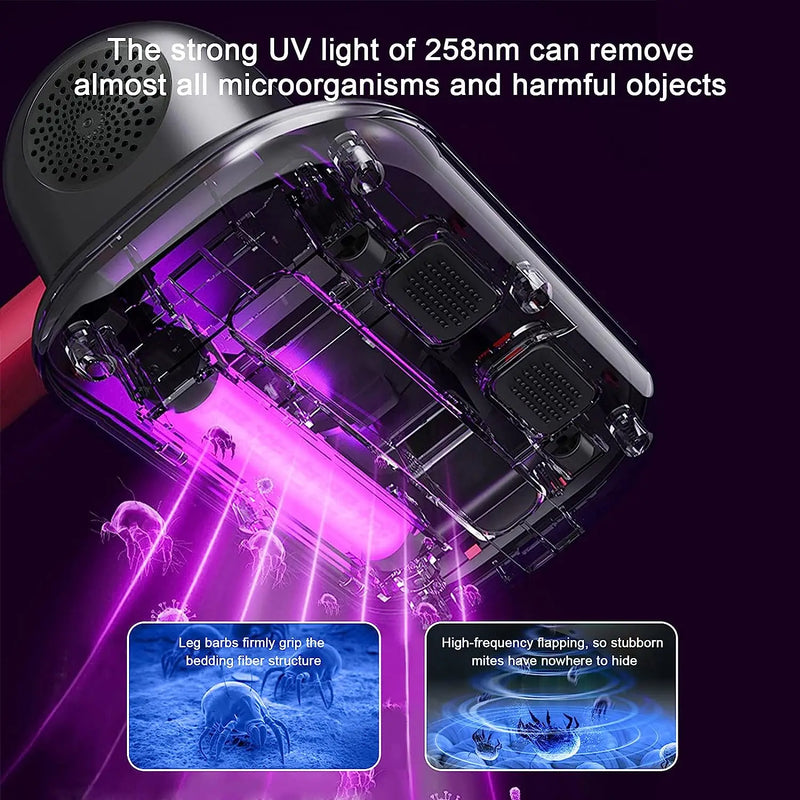 Upgrated Cordless Bed Vacuum Cleaner Anti-allergen Handheld Mattress Dust Suction Remover with UV-C Light High Flapping Function