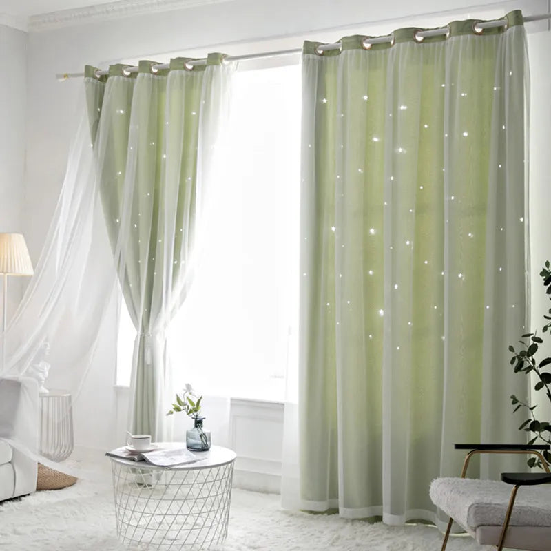 Hollow Star Curtain Fantasy Princess Style Lace Curtain Finished Product High Blackout Curtain for Balcony Living Room Bedroom