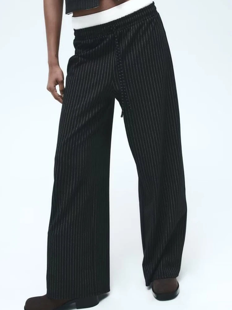 TRAF 2024 Spring Women's Striped Trousers  Fashuon Casual Patchwork Wide Leg Pants Ladies Drawstring Commute Straight Trousers