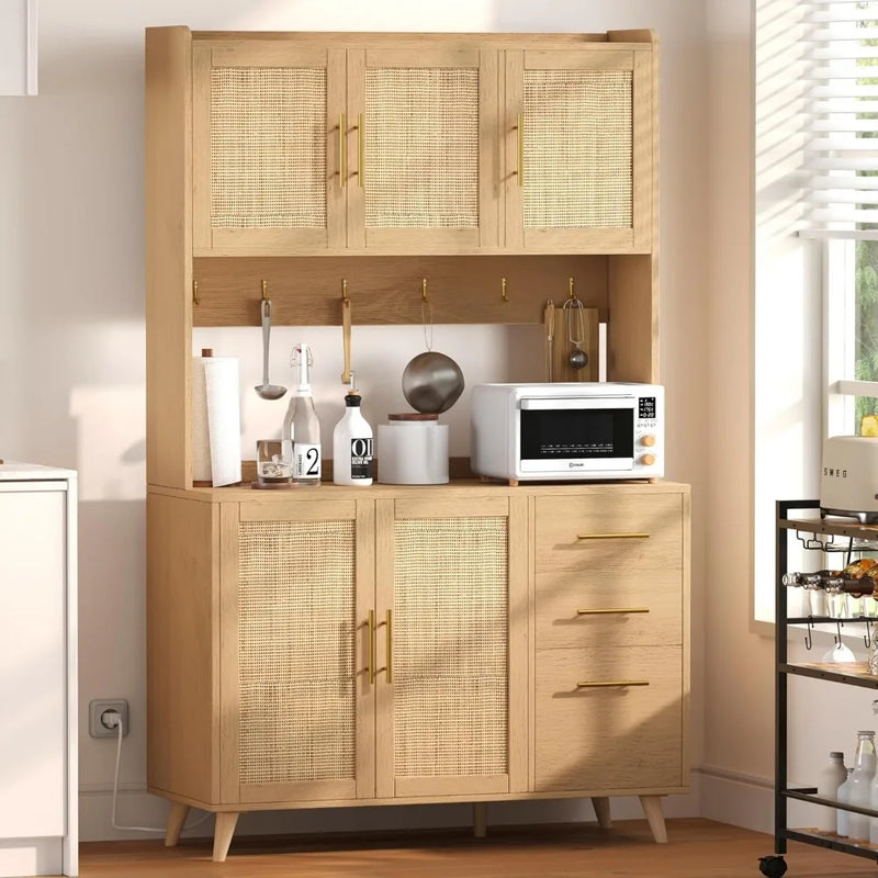 Kitchen Pantry Cabinet with Microwave Shelf, Rattan Kitchen Hutch Cabinet with Charging Station