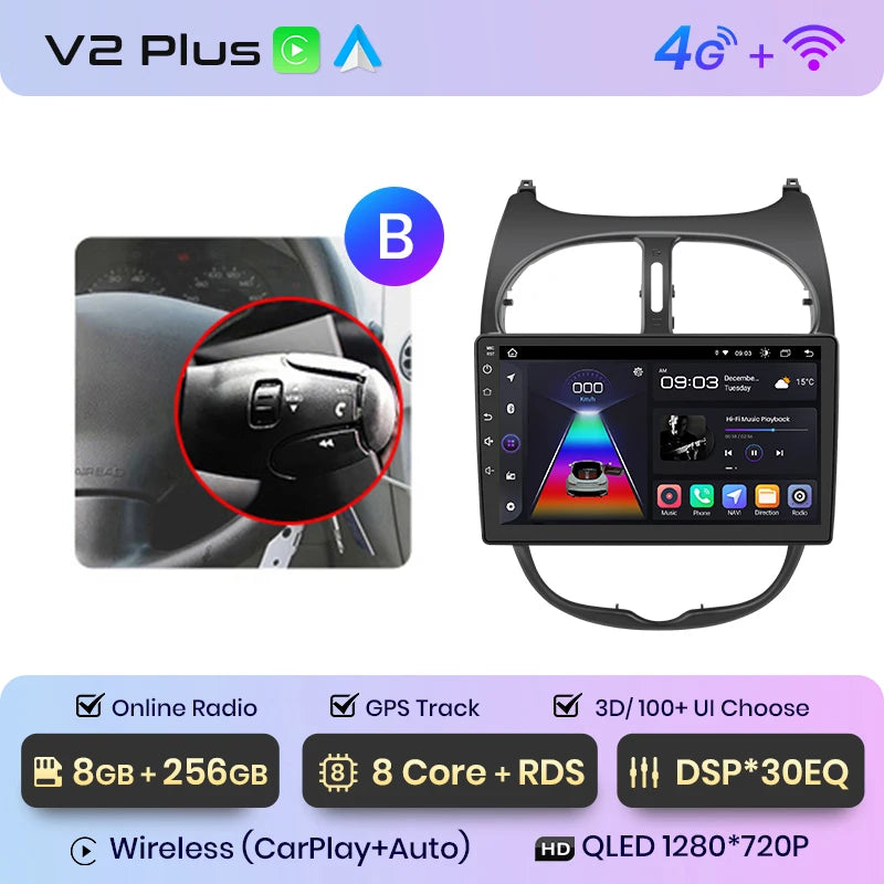 Junsun V1 Wireless CarPlay AndroidAuto Radio For Peugeot 206 206CC 206SW 2001-2008 4G Car Intelligent Systems 2Din Autoradio GPS