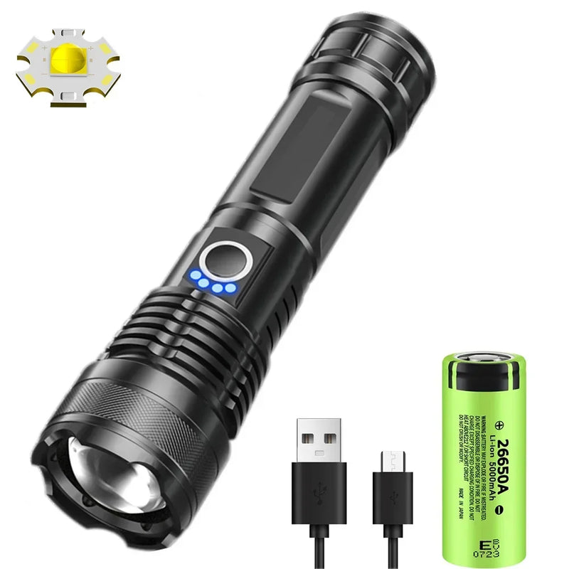 Heinast 1000lm S009 Powerful Tactical LEP Flashlight 18650 or 21700 Battery Zoom Torch Light Lamp with Tail Rope Power Indicator