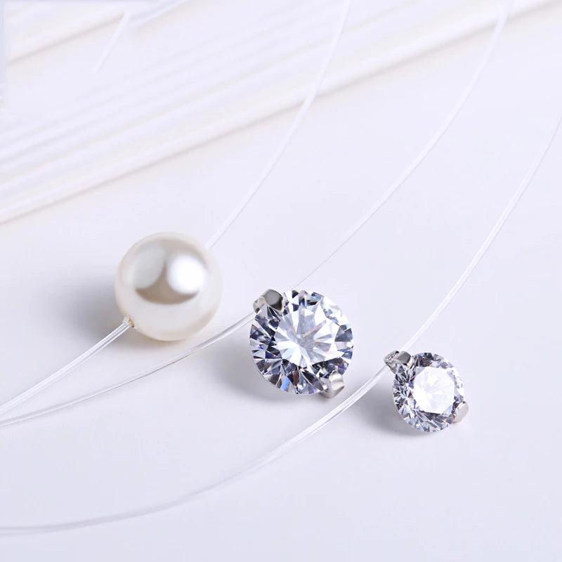 INZATT 925 Sterling Silver Zircon Crystal Pearl Pendant Choker Necklace Transparent Fishing Line 2020 Fine Jewelry For Women