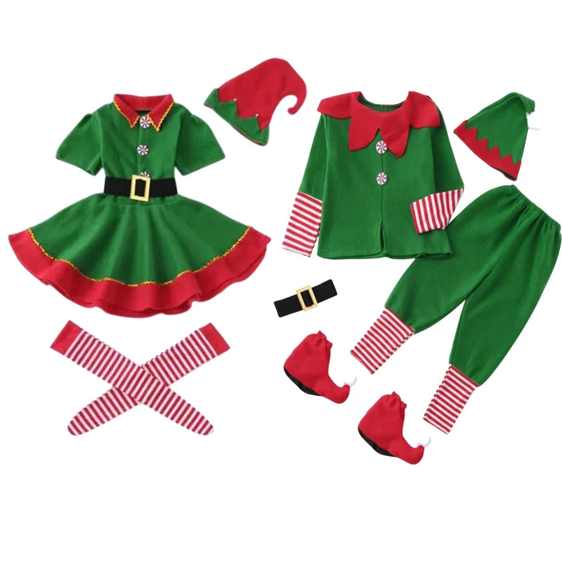 Christmas Family Clothes Playing Outfit Santa Claus Green Elf Costume Cosplay Carnival Clothing Xmas Party Suit Parent-Child