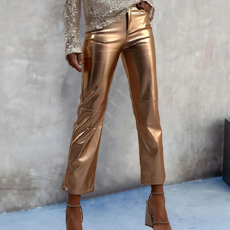 Women Metallic Straight-Leg PU Pants Faux Leather Mid Waist Zipper Breathable Club Party Lady Ninth Pants pantalones de mujer