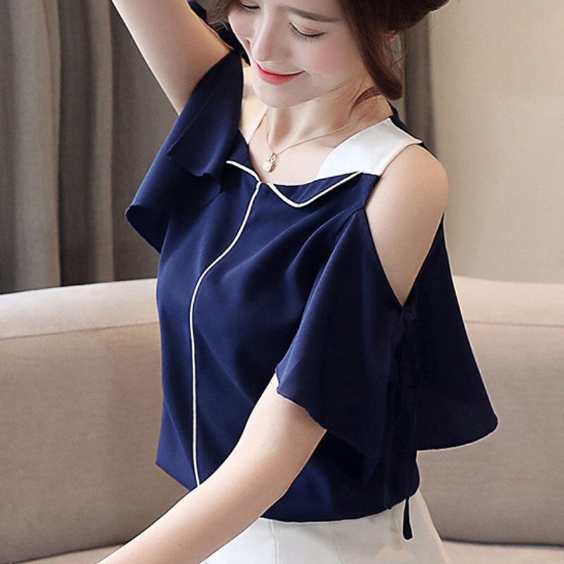 Fashion Women Blouse And Tops 2023 White Blouse Shirts Ladies Tops Chiffon Shirts Chiffon Blouse V-Neck Flare Sleeve 3630 50