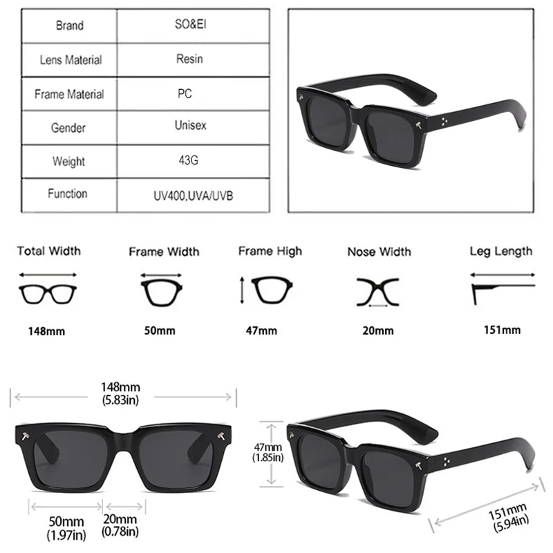 SO&EI Vintage Square Men Sunglasses Fashion Yellow Blue Shades UV400 Women Trending Rivets Punk Sun Glasses