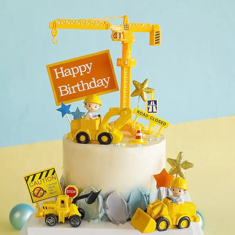 Excavator Crane Tractor Birthday Cake Topper Construction Party Cake Decor Kids Boy 1st Baby Shower One Year Happy Birthday Cake