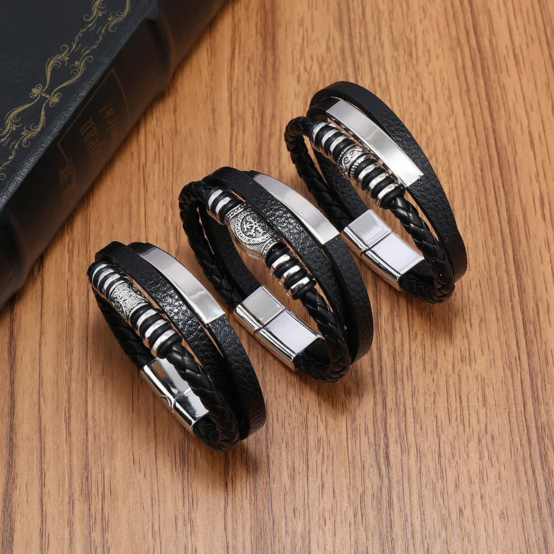 Trendy Leather Bracelets For Men Stainless Steel Bracelet 21CM Multilayer Braided Rope Bracelets for Male Jewelry Gifts