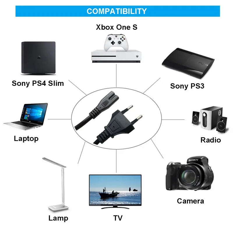 EU Power Cable 2pin IEC320 C7 US Power Extension Cord For Dell Laptop Charger Canon Epson Printer Radio Speaker PS4 XBOX LG Sony